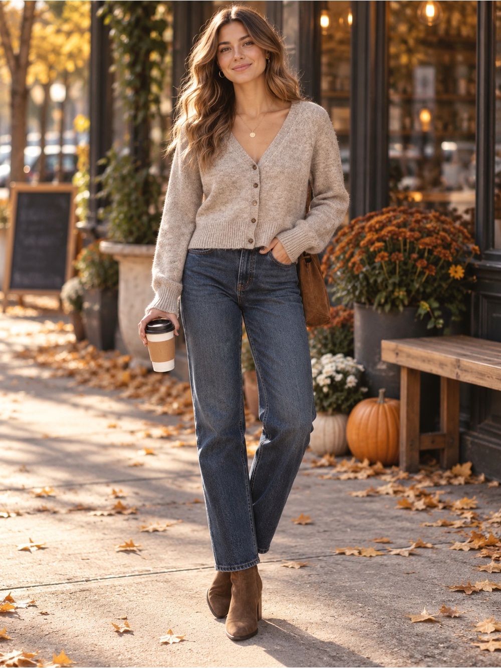 Free People Beige V-Neck Cropped Button Cardigan